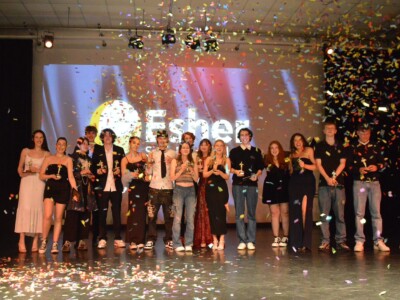 Esher College Oscars ceremony student winners onstage with confetti