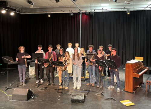 Large student jazz ensemble on stage