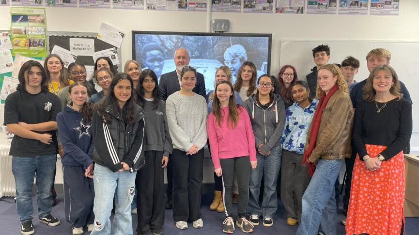 group of students standing at the front of the classroom with Dillon Wood